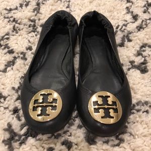 Black Leather Tory Burch Flats